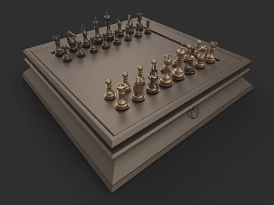 Elegant Chess Set With Wooden Board And Metal Pieces In Drawer Design 3d model