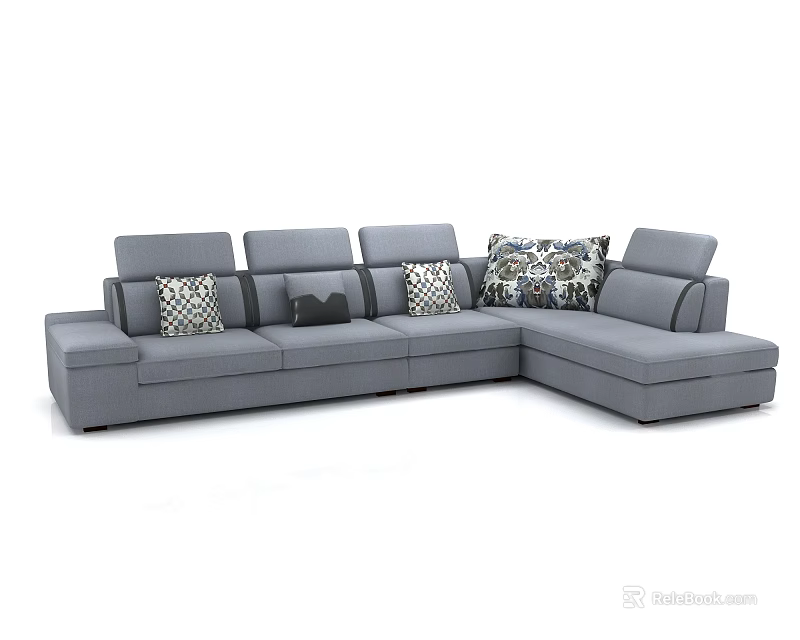 Gray Corner Sectional Sofa with Decorative Patterned Cushions in Modern Living Room Setup 3d model