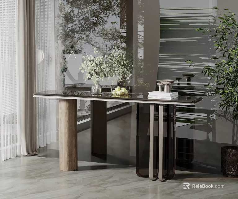 Elegant Modern Console Table With Marble Top Vase Flowers Fruits And Books Near Window Plant 3d model 