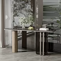 Elegant Modern Console Table With Marble Top Vase Flowers Fruits And Books Near Window Plant
