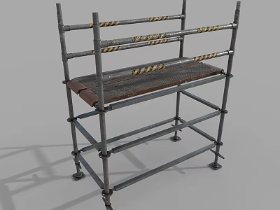 Metal Frame Antique Curio Shelf With Multiple Cross Bars And Yellow Black Stripes 3d model