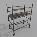Metal Frame Antique Curio Shelf With Multiple Cross Bars And Yellow Black Stripes