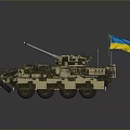 Detailed Camouflaged Armored Military Vehicle Featuring Cannon And Blue Yellow Flag