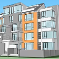 Modern Multi Story Apartment Building with Orange Gray Facade Multiple Balconies Front Lawn and Fence