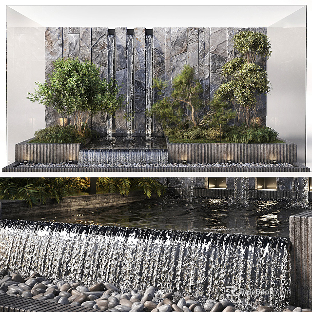 Garden Waterfall Feature With Green Trees Lush Plants Stone Wall And Reflecting Pool 3d model 