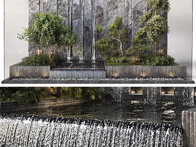 Garden Waterfall Feature With Green Trees Lush Plants Stone Wall And Reflecting Pool 3d model