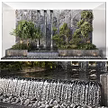 Garden Waterfall Feature With Green Trees Lush Plants Stone Wall And Reflecting Pool