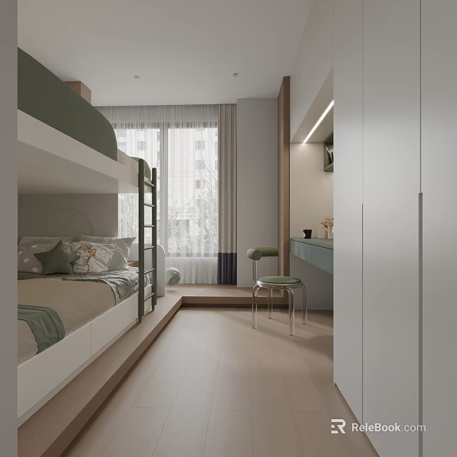 Kids Room Interior Design With Bunk Bed Window Curtains Desk Stool And Wardrobe 3d model 