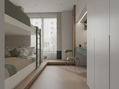 Kids Room Interior Design With Bunk Bed Window Curtains Desk Stool And Wardrobe 3d model