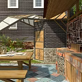Contemporary Garden Landscape With Glass Shelter Wooden Table Stone Path And Flower Beds