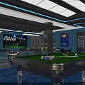 Spacious Well Lit Billiard Room Interior Featuring Multiple Tables Blue Lighting And Blue Carpet Floor