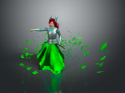 Game Movie Character With Red Hair Red Horns Silver Armor Green Dress Flying Green Leaves 3d model