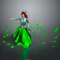 Game Movie Character With Red Hair Red Horns Silver Armor Green Dress Flying Green Leaves