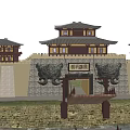 Ancient Chinese Architecture With Pavilion City Wall Autumn Trees And People Walking On Grass