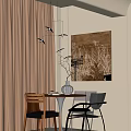 Modern Restaurant Interior With Round Wooden Table Chairs Vase Large Abstract Painting White Curtains Chandelier