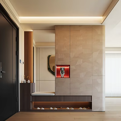 Modern Light Luxury Entryway Shoe Cabinet With Comfortable Cushioned Seat And Unique Art Display Niche 3d model