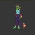 Game and Movie Character in Blue Outfit Holding a Cup with a Tail