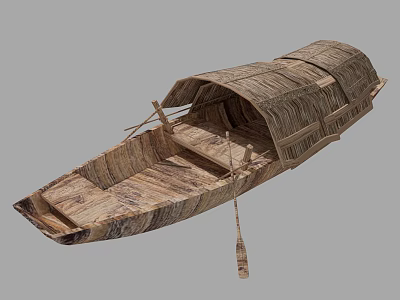 Traditional Handcrafted Wooden Boat With Bamboo Roof Paddle And Natural Material 3d model