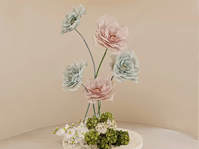 Elegant Floral Installation With Pastel Blue And Pink Peonies Greenery And Small White Flowers 3d model