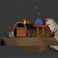 Cozy Outdoor Picnic Setup With Campfire Picnic Basket Wooden Chair Flowers And Stones
