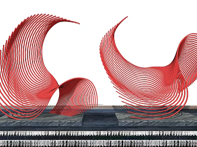 Red Wavy Landscape Sculpture With Flowing Linear Lines In Outdoor Area 3d model