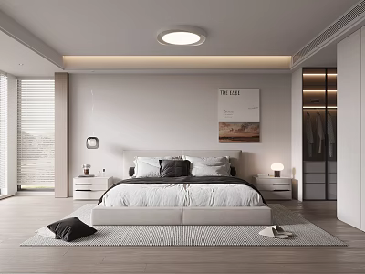 Modern Bedroom Interior Design With Neutral Tones Bed Nightstands Rug And Wall Art 3d model
