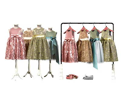 Colorful Girls Dresses with Sparkly Fabric on Mannequins and Hangers with Shoes 3d model