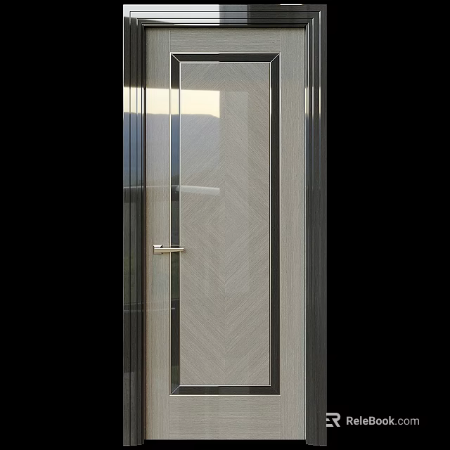 Modern Hinged Door With Metal Frame Frosted Glass Panel And Herringbone Pattern 3d model 