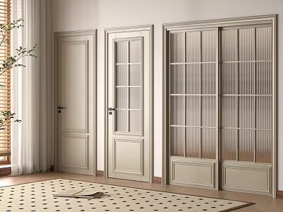 Modern Interior Design With Wooden Sliding Doors Glass Panes And Curtains 3d model