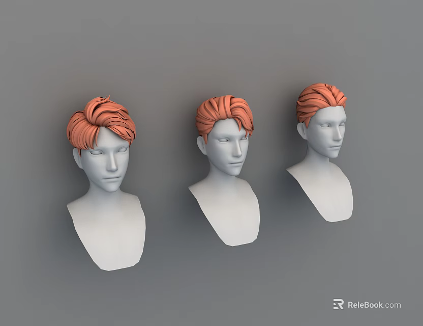 Three White Head Models Featuring Orange Hair And Different Hairstyles On Gray Background 3d model 