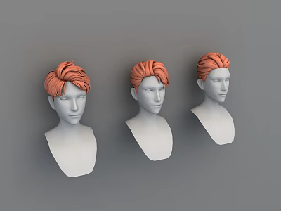 Three White Head Models Featuring Orange Hair And Different Hairstyles On Gray Background 3d model