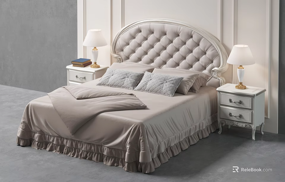 Elegant Double Bed with Tufted Headboard Light Beige Bedspread and Bedside Table Lamps 3d model 