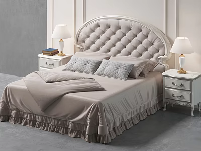 Elegant Double Bed with Tufted Headboard Light Beige Bedspread and Bedside Table Lamps 3d model