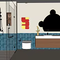 Modern Bathroom Interior With Blue Tiled Walls Glass Shower Round Mirror And Wooden Vanity