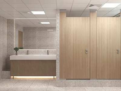 Clean Modern Public Restroom With Wooden Stalls Double Washbasin And Tile Walls 3d model