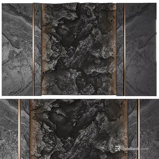 Elegant Dark Textured Stone Background Wall With Metal Frame Accents And Natural Patterns 3d model 