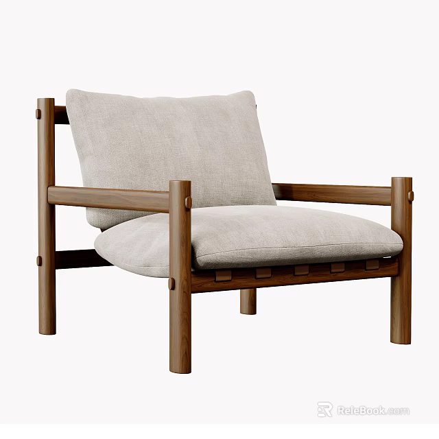 Minimalist Lounge Chair with Wooden Frame and Light Gray Cushion for Living Room 3d model 