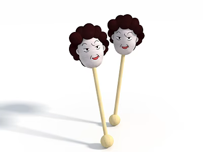 Cute Curly Hair Facial Expression Hammers With Wooden Handles And Round Bases 3d model