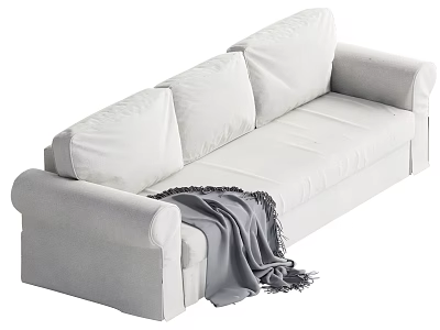 Modern White Multi Seater Sofa With Plush Cushions And Gray Throw Blanket 3d model