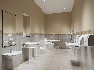 Clean Spacious Public Restroom With Beige Walls Tile Floor Mirrors Sinks And Hand Dryers 3d model