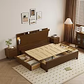Modern Bedroom Interior with Wooden Double Bed Headboard Nightstand Table Lamp Decorative Paintings and Blinds