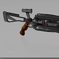 Futuristic Sci Fi Weapon with Silver Metal Body Wooden Grip Red Lights and Multiple Barrels