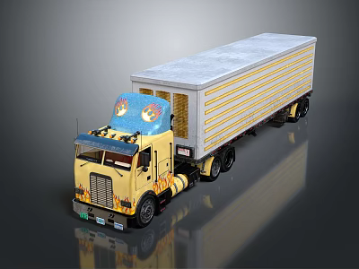 Yellow Truck With Flame Decals On Cab And White Trailer With Yellow Stripes 3d model