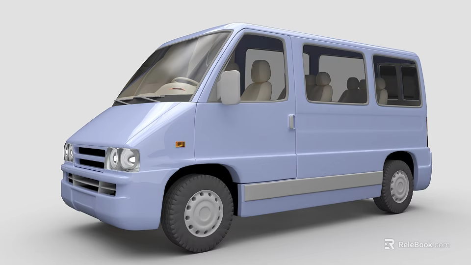 Light Blue Van Exterior Design With Multiple Windows And Comfortable Seats Interior 3d model