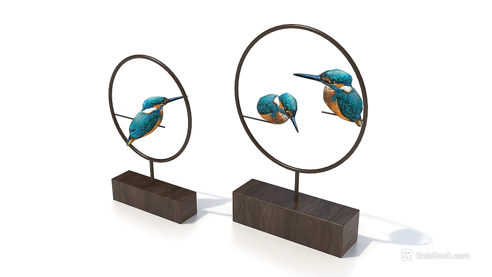 Elegant Decorative Ornament Set with Circular Frames Wooden Bases and Kingfisher Patterns 3d model