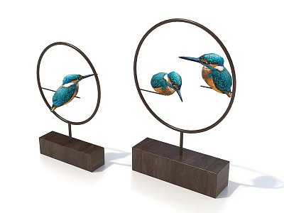 Elegant Decorative Ornament Set with Circular Frames Wooden Bases and Kingfisher Patterns 3d model