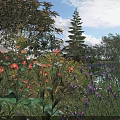 Vibrant Garden Bushes With Orange Purple Flowers And Green Leaves Under Blue Sky