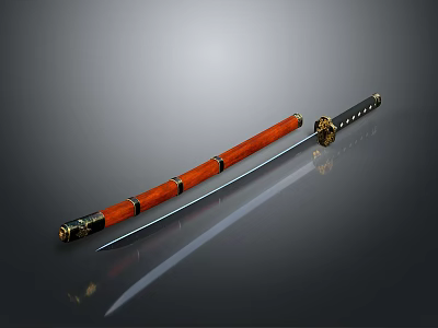 Traditional Japanese Katana Weapon With Red Handle Black Scabbard Sharp Blade And Metal Decorations 3d model