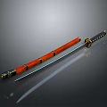Traditional Japanese Katana Weapon With Red Handle Black Scabbard Sharp Blade And Metal Decorations