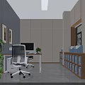Modern Office Interior With Gray Walls Calligraphy Painting Wooden Table White Chairs And Green Plants